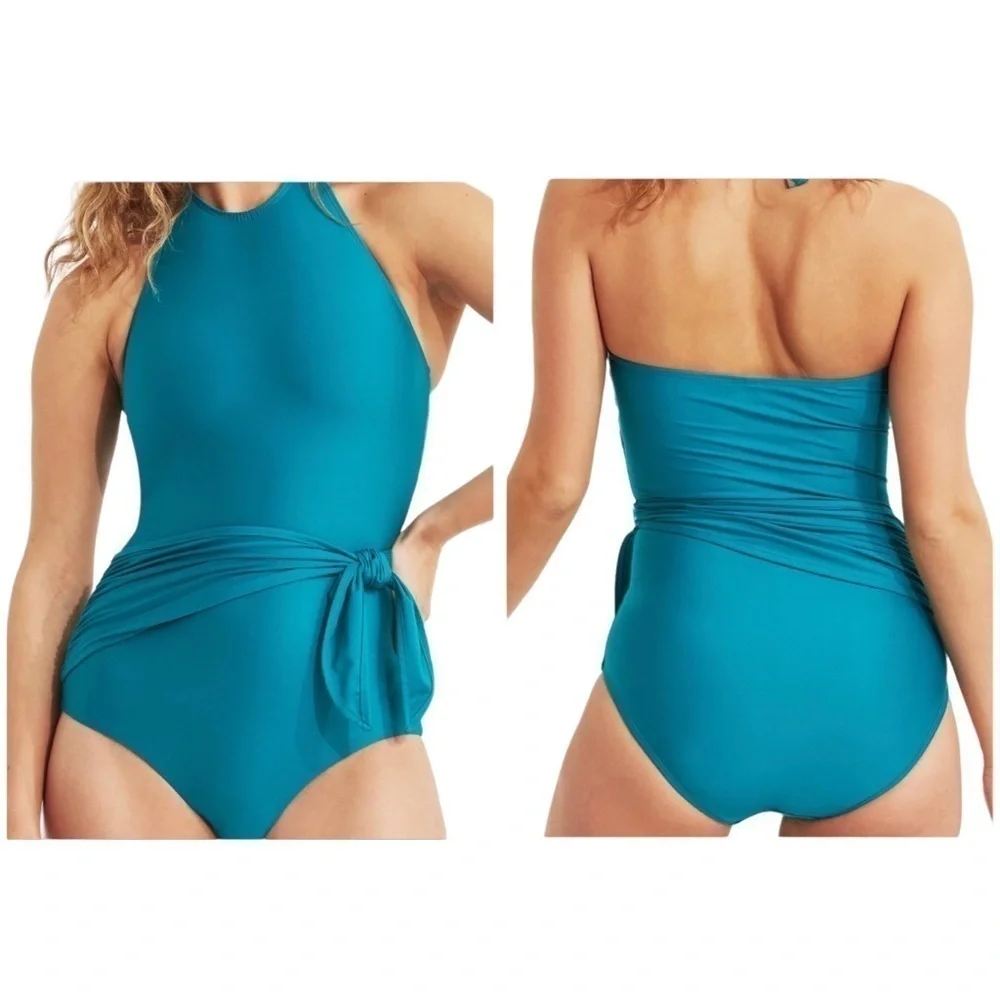 NWT Hermoza Genevieve Teal Waist Tie Halter One Piece Bathing Suit